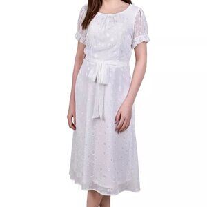 NY Collection Petite Women's Belted Swiss Dot Dress White NEW